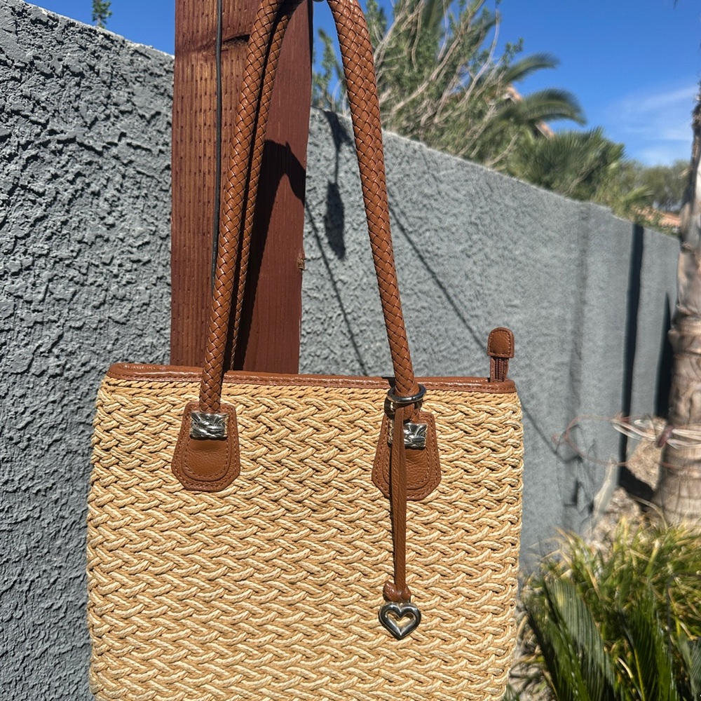Brighton Tan Woven Tote with Heart Charm